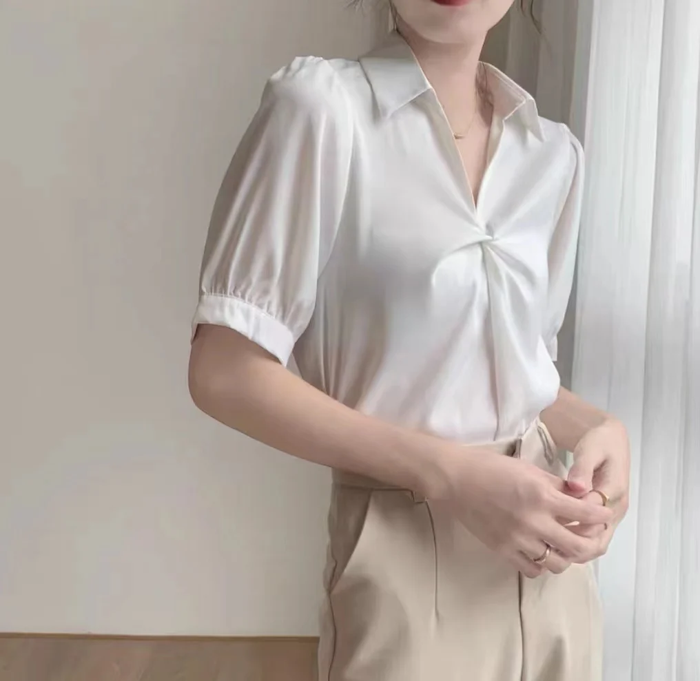 Summer Women\'s Short Sleeve V-neck French Bubble Sleeve Solid Color Pleated Chiffon Shirt Blouse Ladies Tops Female Clothes New