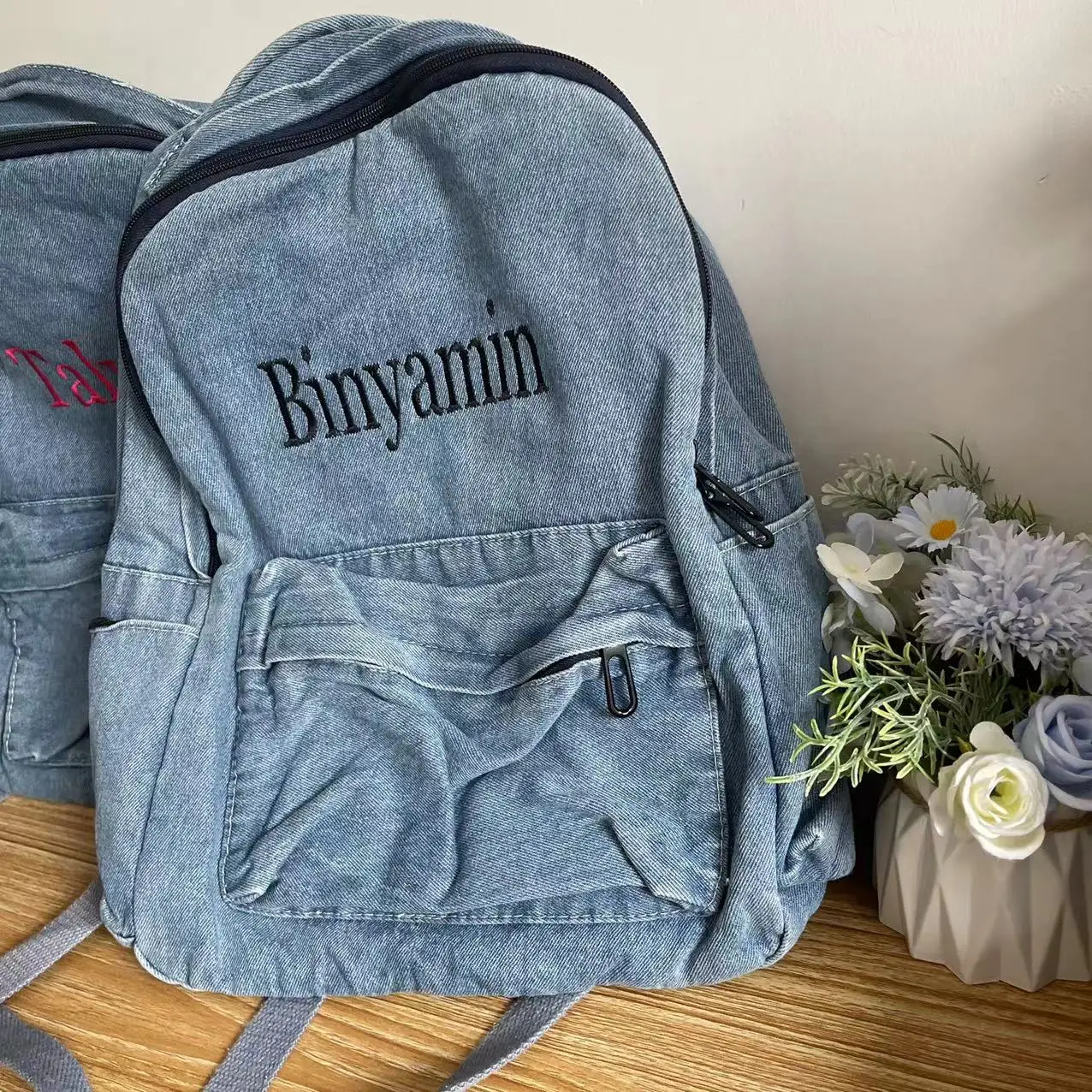 Custom Name Washable Denim Canvas Bag Art Retro Simple College Schoolbag Student Backpack Travel Small Backpack