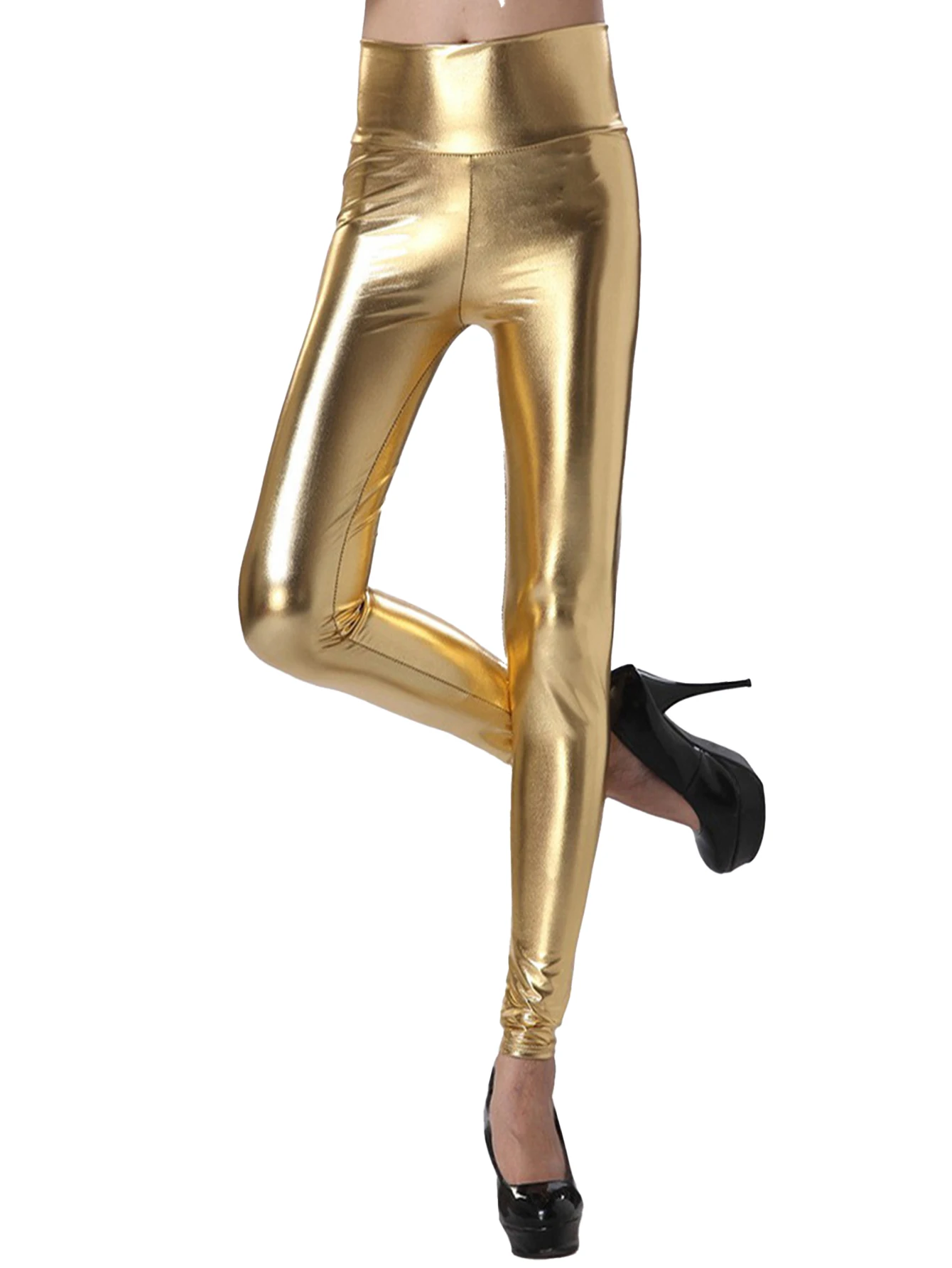 New Fashion PU Bright Leather Women High Waist Small Feet Pants Women Gold Leather Pants Waist Solid Color Leggings Women