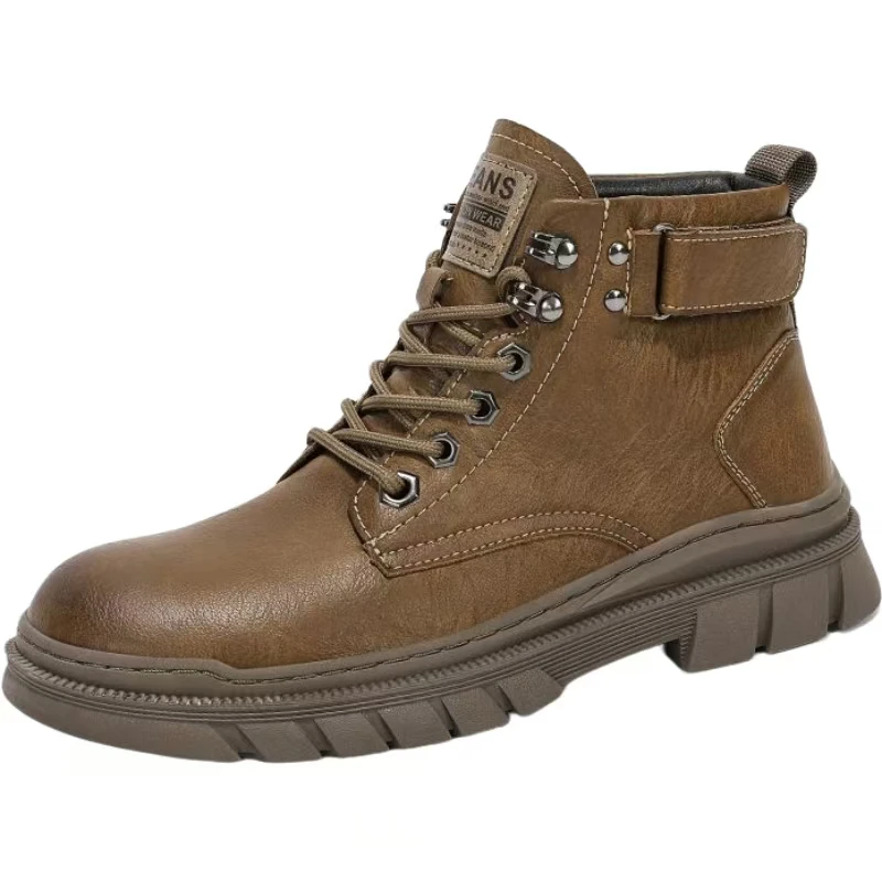 

Men Autumn Winter Genuine Leather High Top Work Boots Thick Sole Non Slip Round Toe Lace Up Waterproof Outdoor Hiking Shoes