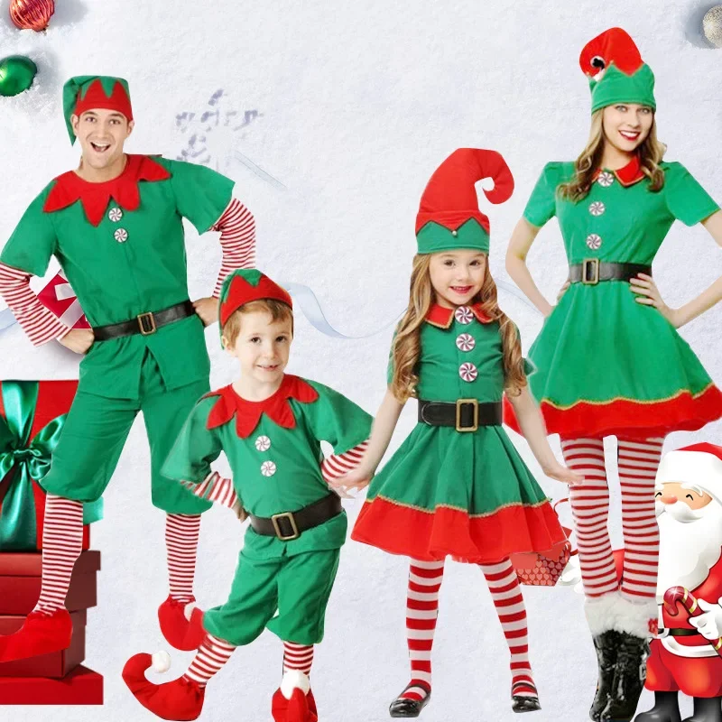 Christmas Elf Family Costume Role Playing Outfit Green Santa Claus Party Performance Fancy Clothing for Men Women Girls Boys