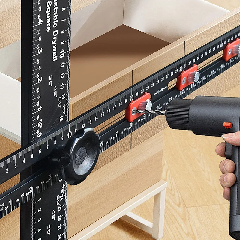 2 in 1 Drilling Positioning Ruler T-Shaped Angle Jig for Cabinet Drawer Woodworking