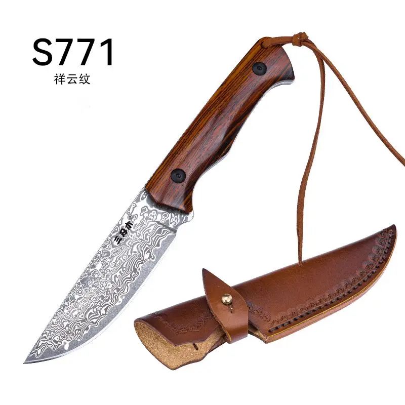 SANRENMU NEW S771 Straight Handle Knife Outdoor Camping Hunting Knife Rescue Tool Knife Damascus Blade VG10/14C28 Scabbard - view 5