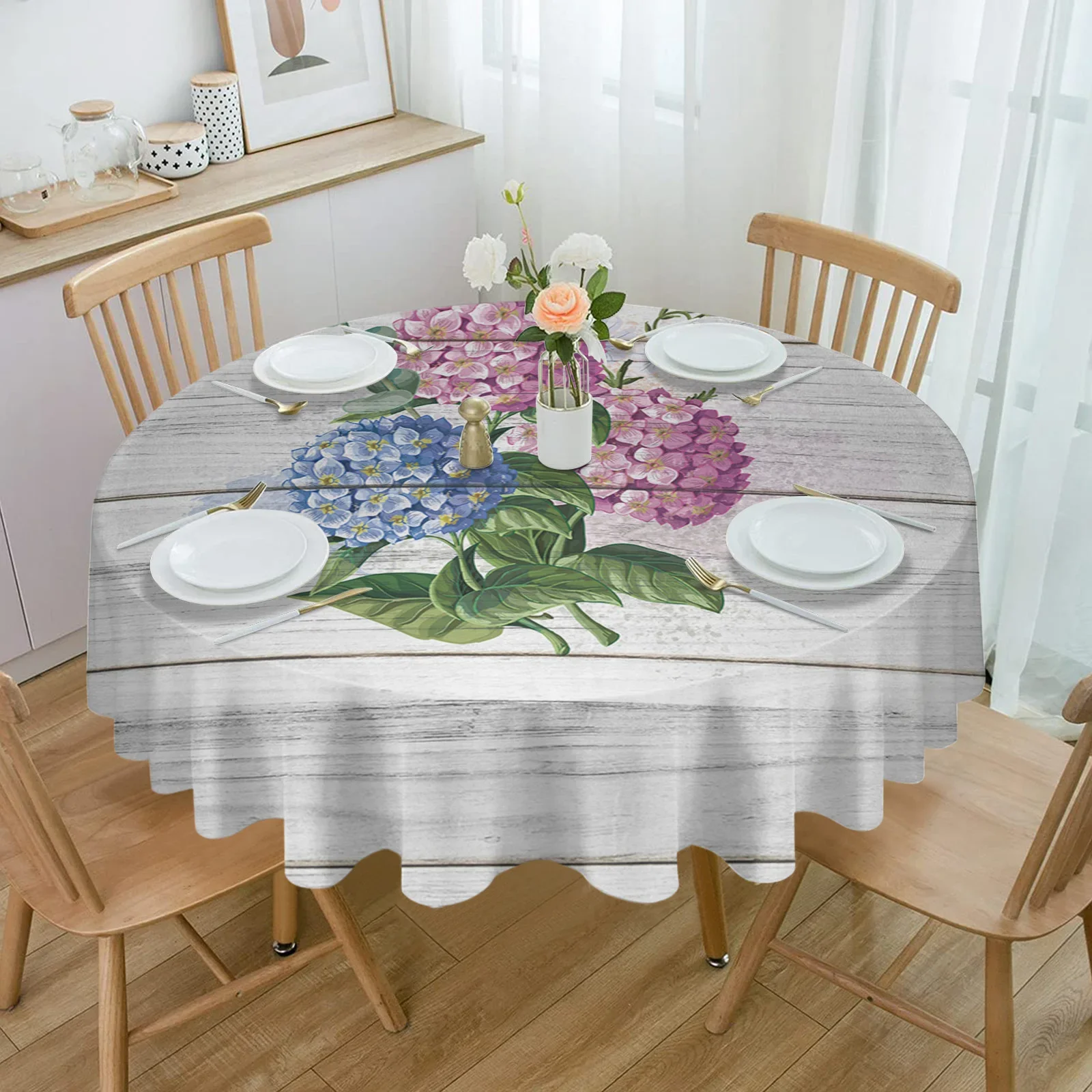 Spring Pink Purple Flower Wooden Texture Background Round Tablecloth Waterproof Table Cover Home Kitchen Decoration Table Cloth