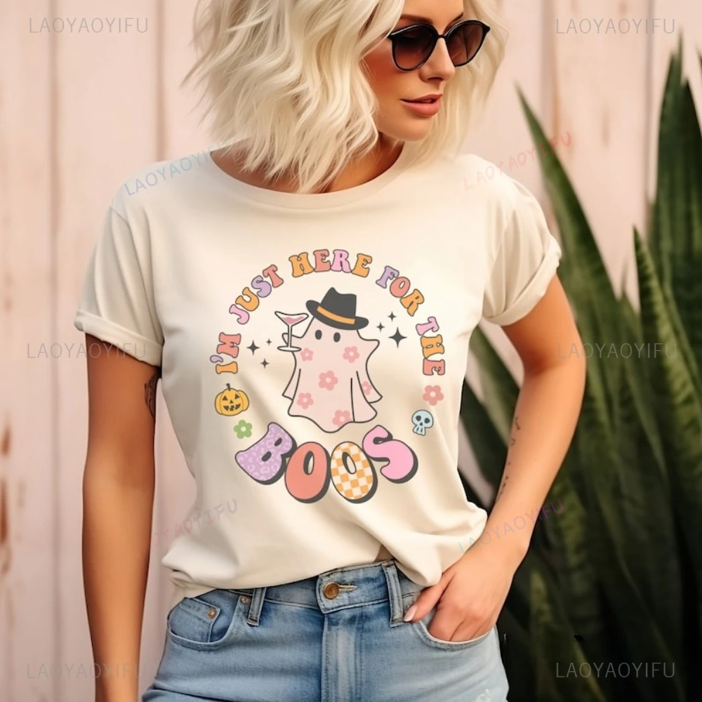 I'm Just Here for The Boos Retro Ghost TShirt Funny Halloween Drinking Party T Shirt Casual Fashion Short Sleeve Man T-shirt