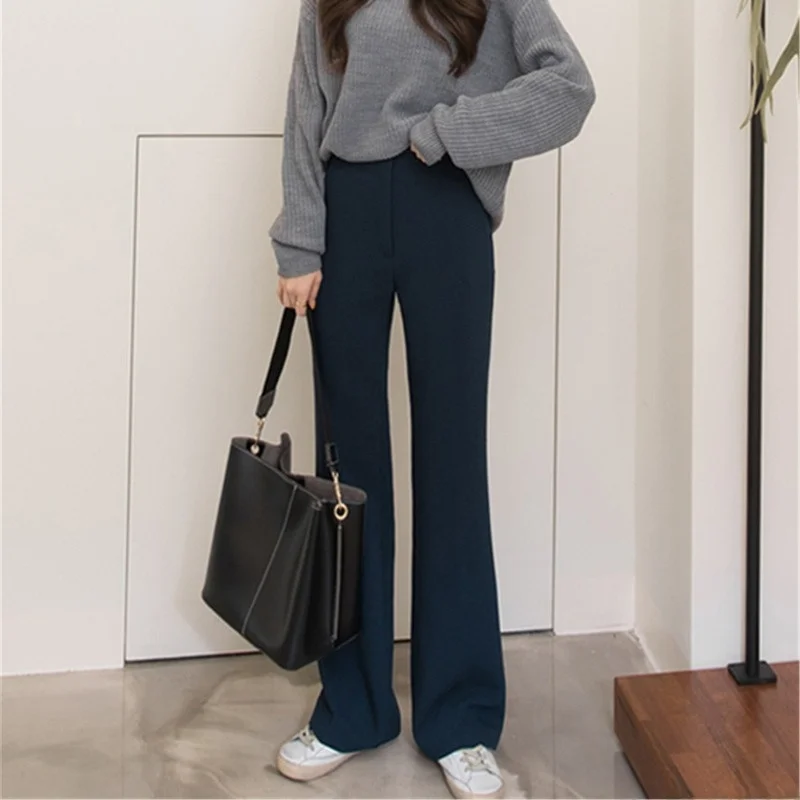 

Брюки прямого кроя с высокой талией, свободные женские повседневные брюки в пол, корейский стиль, рабочая одежда, из смесовой хлопковой ткани