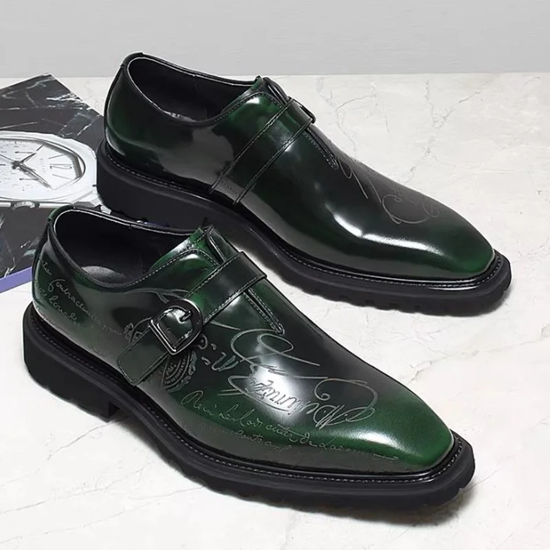 High-end Square-toe Slip-on Buckle Strap Leather Shoes Men Italian Formal Shoes Laser Engraved Letters Design Wedding Shoes Man