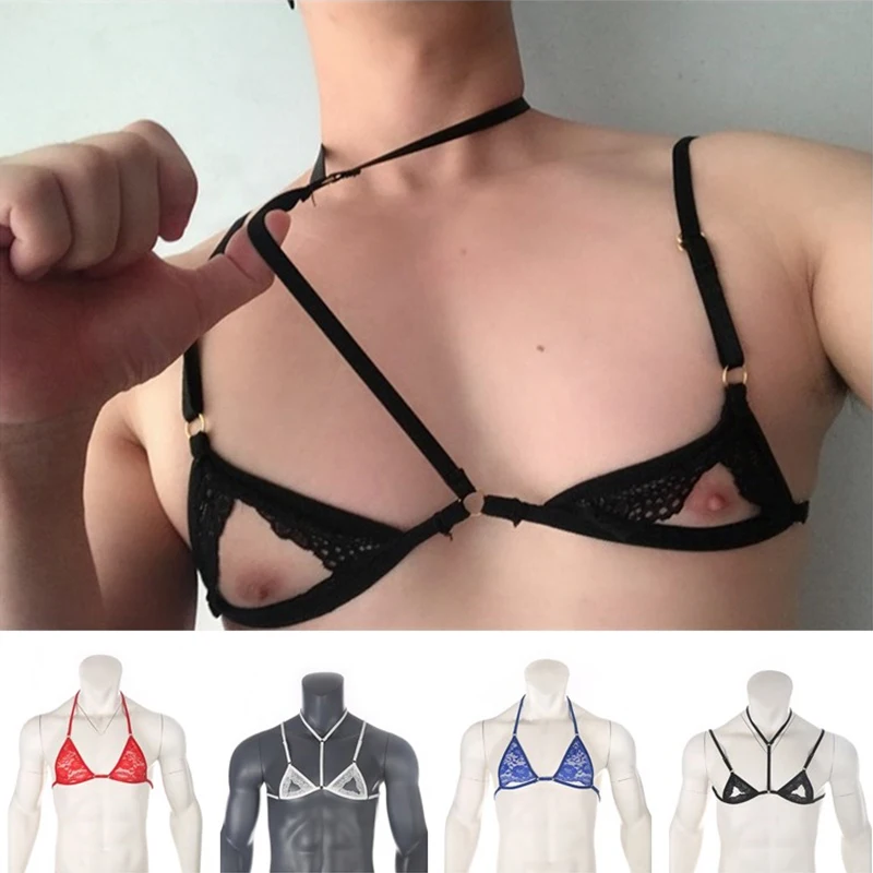 Mens Sexy Sheer Lace Lingerie Exotic Bra Nightwear Halter Neck Adjustable Straps Male Wire-free Unlined Mini Bra Top