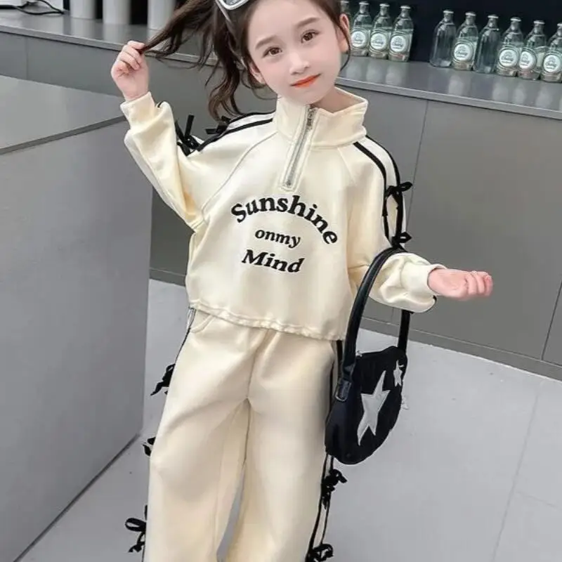 

Kawaii спортивный костюм для девочек, комплект со штанами, весенне-осенний студенческий повседневный топ с воротником-стойкой, длинные штаны, комплект из 2 предметов, детская одежда