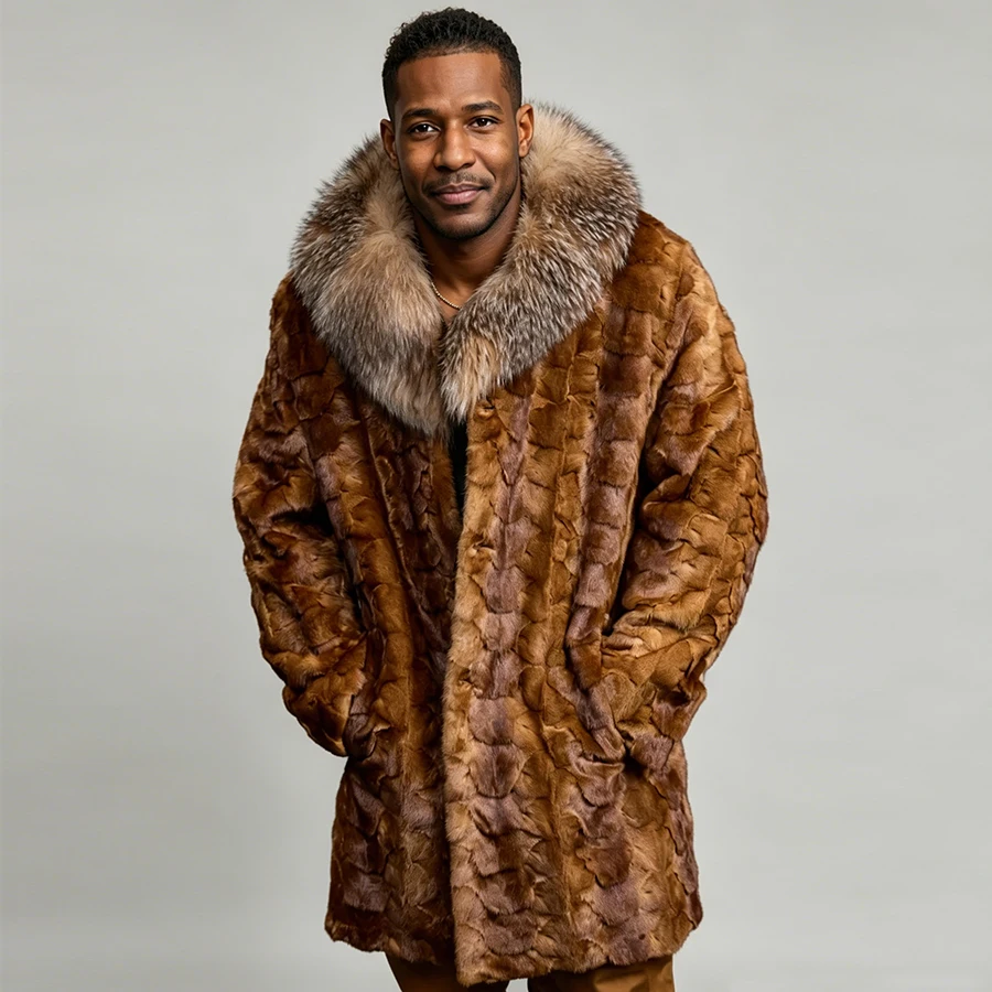 Men's Real Mink Fur Coats With Fox Fur Collar Mid-Length Fur Jacket Cropped Mink Fur Jacket Hot Selling Natural Fur Jacket