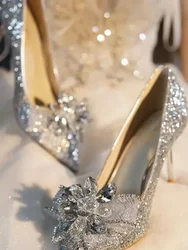 French Crystal Silver High Heel Shoes Female 2024 New Bow Solid Shining Womens Shoes Lady Pointed Toe Casual Pumps Wedding Shoes