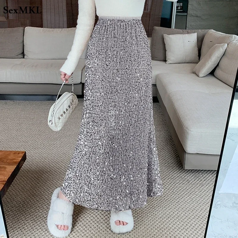 Elegant Sequinned Party Skirts Women 2026 Autumn Winter High Waist Harajuku Faldas Ajustadas Korean Streetwear Mid Length Skirt
