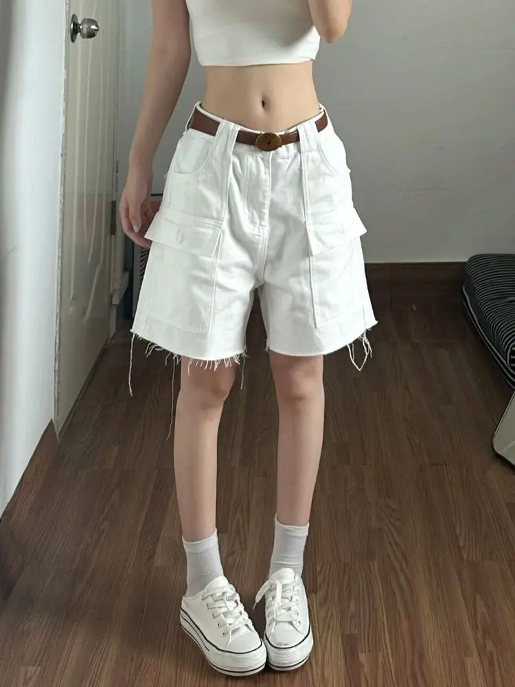 American high street big pocket burr edge design tooling jeans children's summer loose lazy loose five-point pants