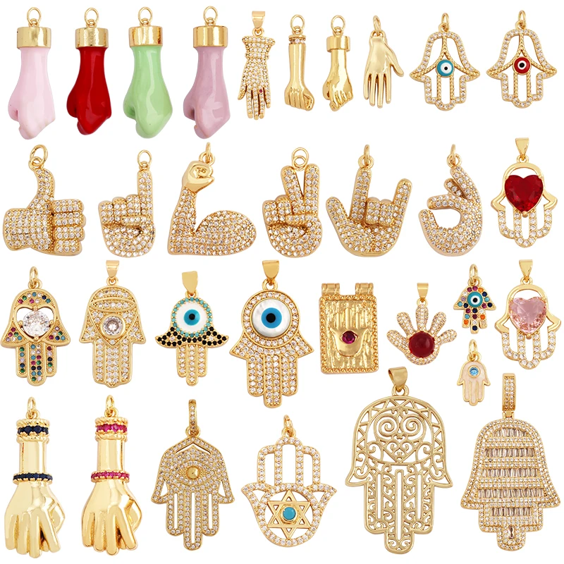 Oil Dropped Enamel Hollow Hamsa Hand Shape Charm Focal Pendant,Colourful Cubic Zircon Necklace Jewelry Making Accessories M59
