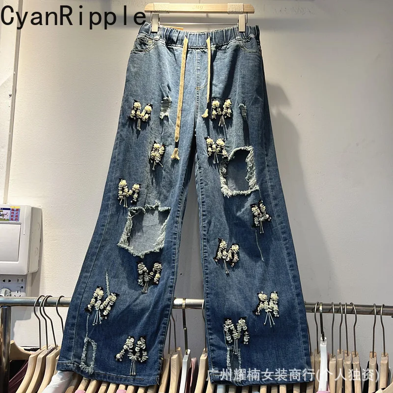 

American New Spring Autumn Sequins Hole Elastic Waist Loose Straight Jeans All-match Letters Beading Wide Leg Casual Denim Pants