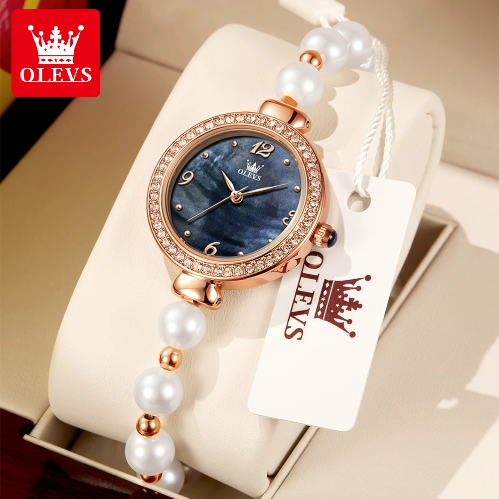 OLEVS Original Brand Women\'s Watches Fashion Pearl Chain Strap Waterproof Popular Quartz Watch Student Girl Trendy Diamond Inlay