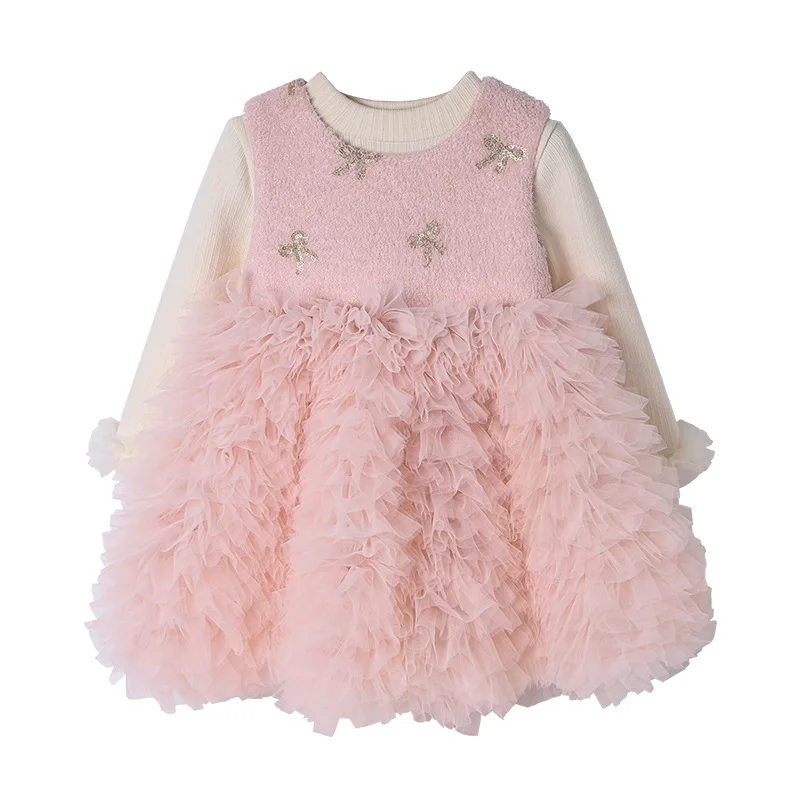 فستان بناتي مبطن بالصوف 2025 فستان أميرة شتوي وردي للأطفال للفتيات الصغيرات مع عقدة فيونكة #5