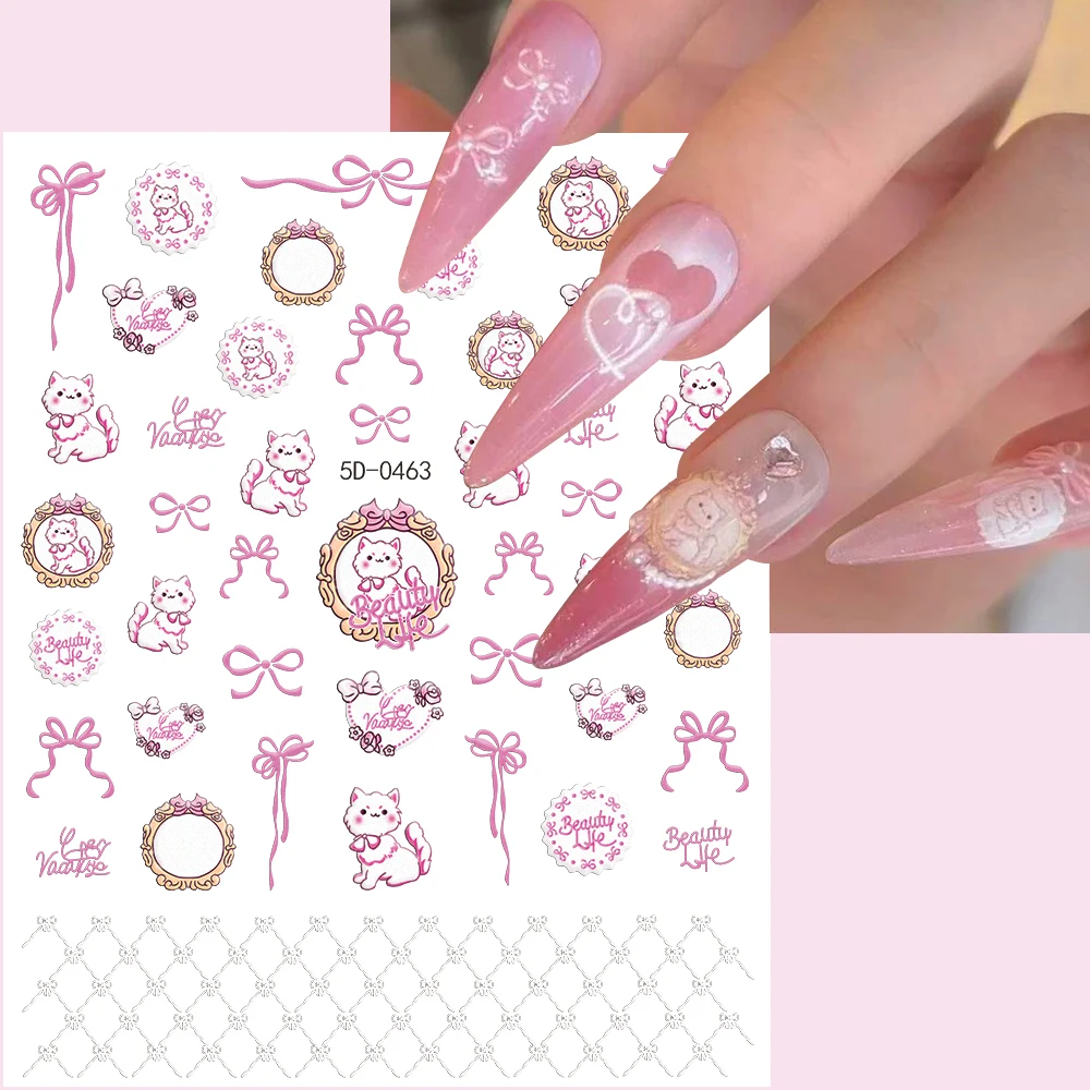 1 Stuks 5D Elegante Roze Kat/Strik Nail Art Stickers Lint Rooster Kant Frame Zelfklevende Nail Decals leuke Manicure Decor Glijbaan