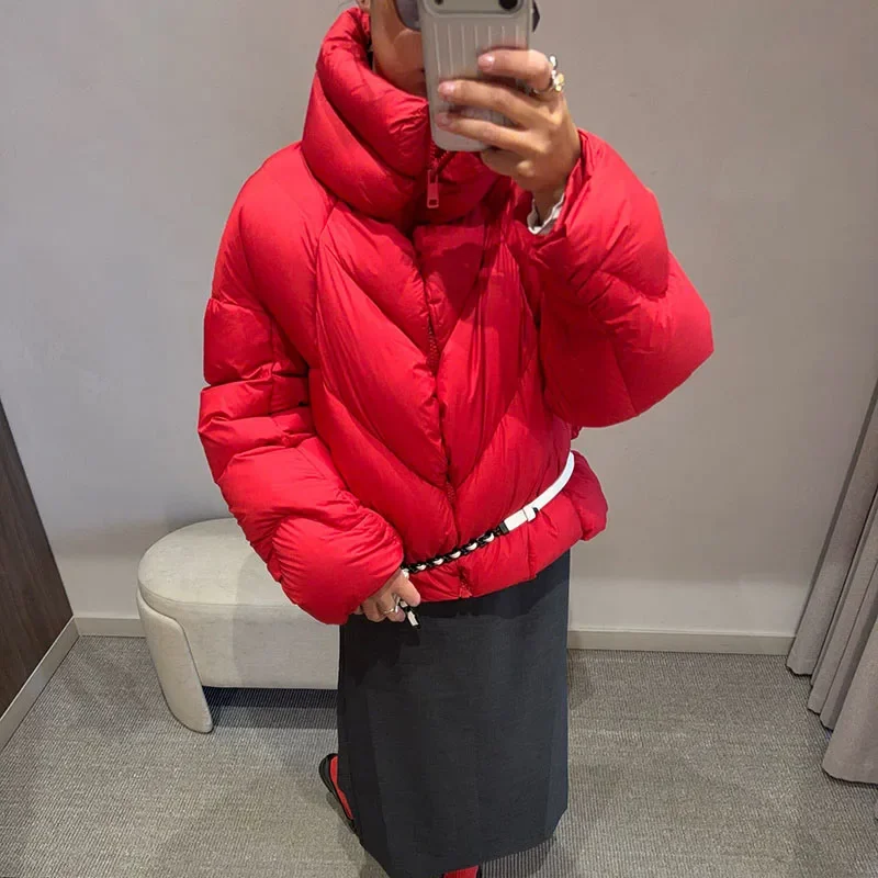 Kurzer Puffer-Wintermantel für Damen, Hochkragen, Gefütterte Jacke, Übergroße Puffige Reißverschlussjacke, Dick, Warm, Lässige Streetwear für Damen – Detail 1