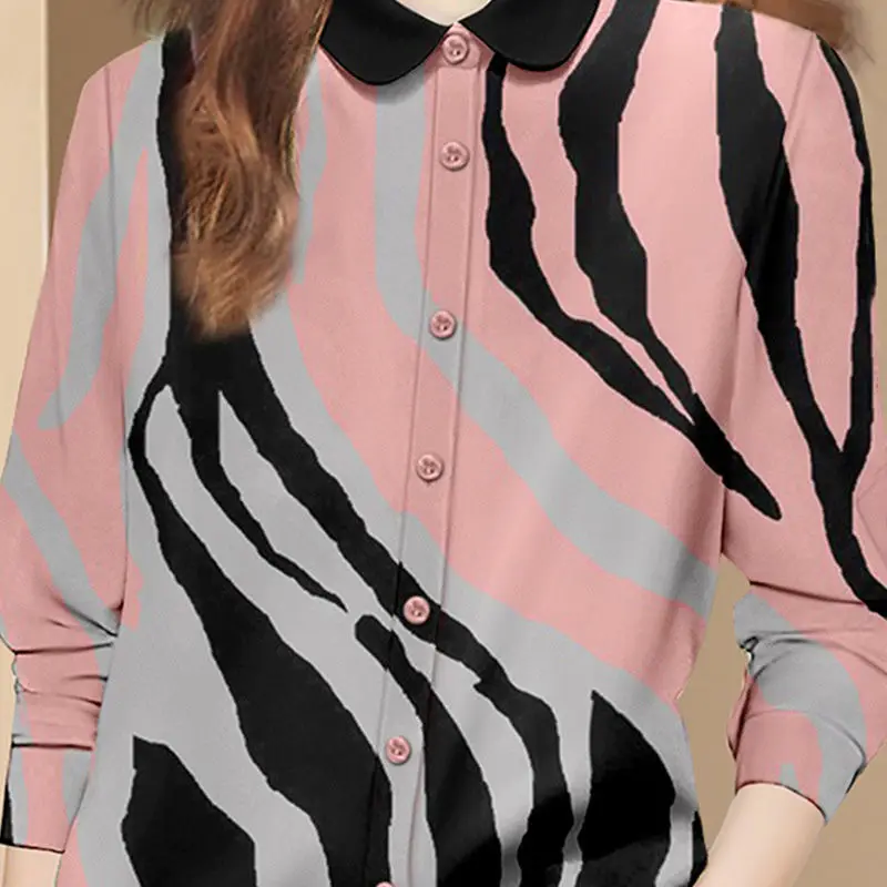 Spring Autumn Women\'s New Fashion Contrast Color Printed Long Sleeve Spliced Polo Neck Button Cardigan Loose Commute Shirt Tops