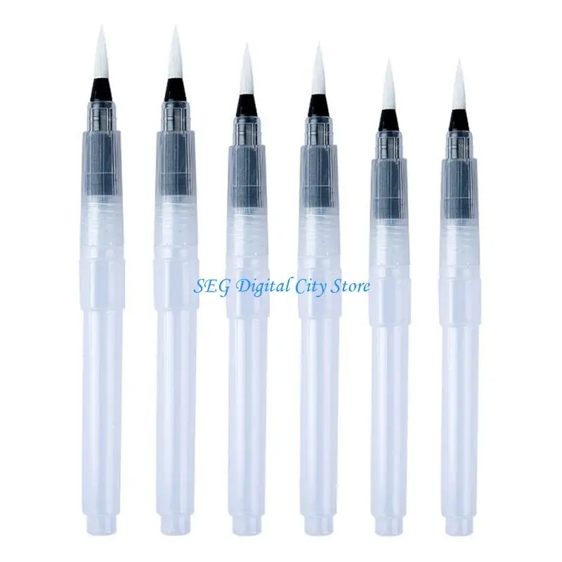 U75B 3/6Pcs Refillable Water Brush Pen Flat/Point Tip Painting Water Brush Pen for Kid Adult Watercolor Gouache Painting