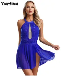 Womens Gymnastics Artistic Figure Skating Ballet Lyrical Dance Dress Glittery Rhinestones Ruched Mesh Tight Fitting Jumpsuits