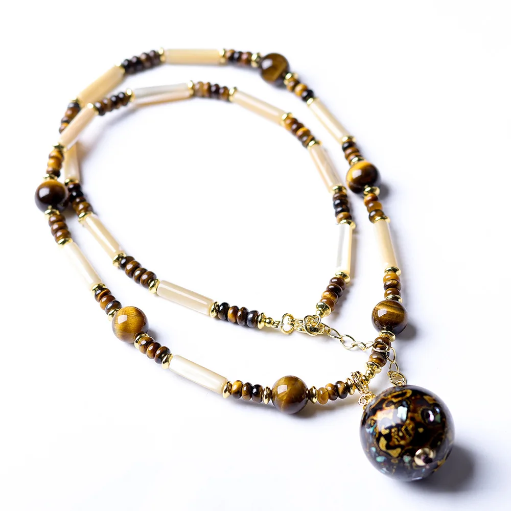 Handwoven Necklace with Tiger Eye Stones Old Fish Bones and Lacquer Beads Chinese Style High End Sweater Chain Gifts