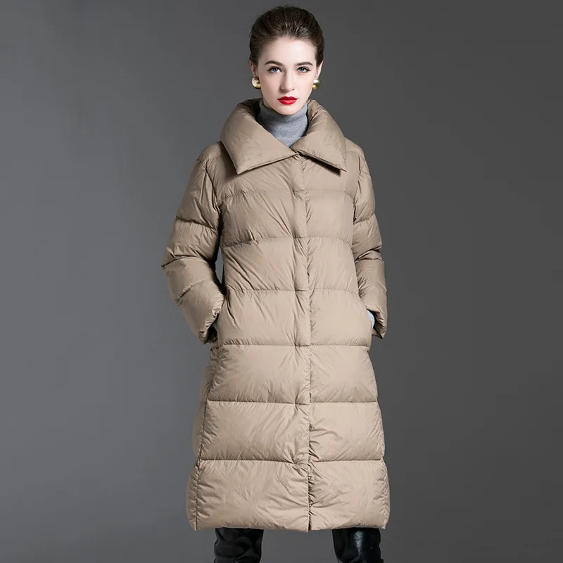 Hiver longue bouffante revers mince doudoune femmes blanc canard vers le bas genou longueur doudoune femme chaud fermeture éclair solide Parker outwear