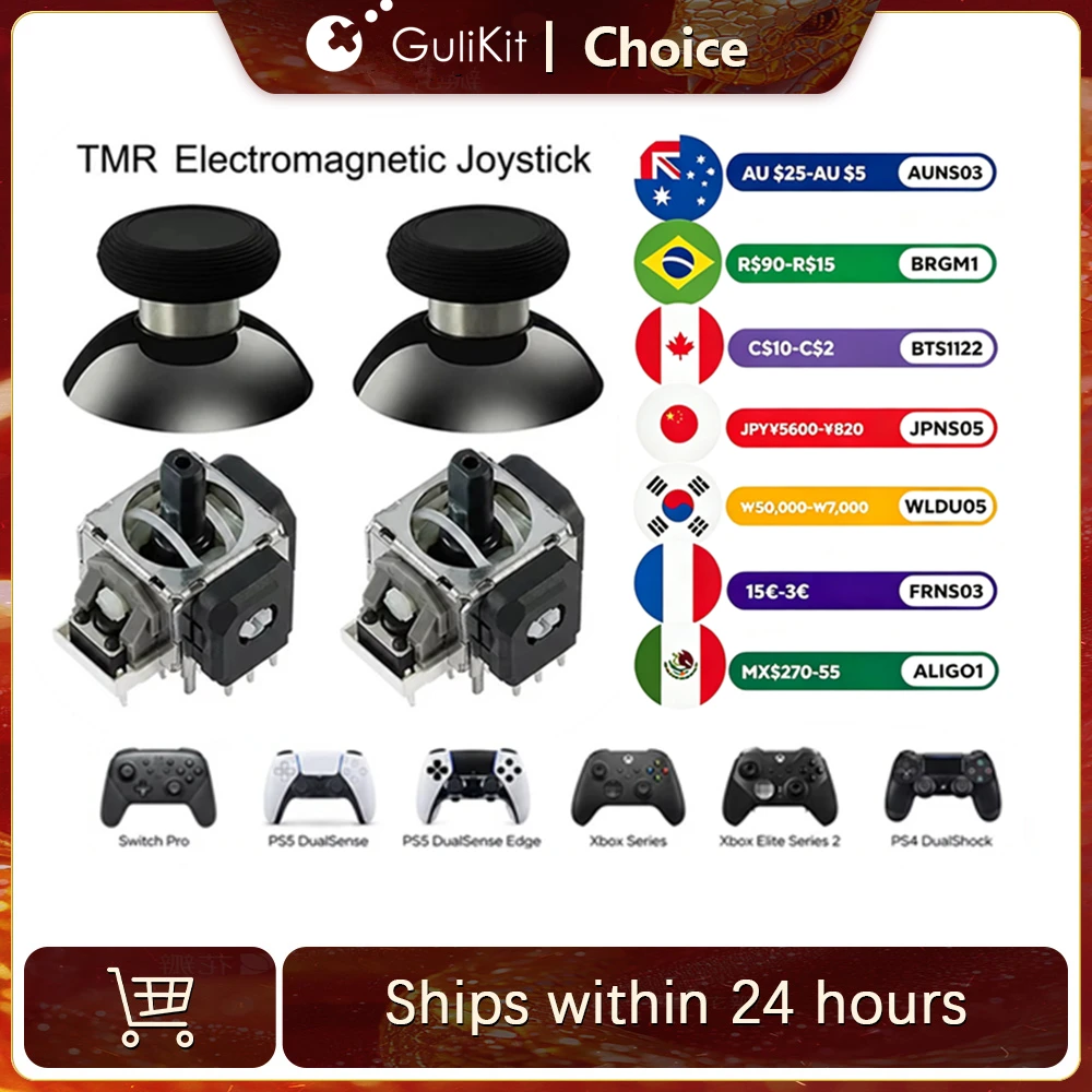 Acessórios de Reparo GuliKit: Joystick TMR com Tampa de Stick para Controles PS4, PS5/PS5 Edge, Switch Pro e Xbox Series