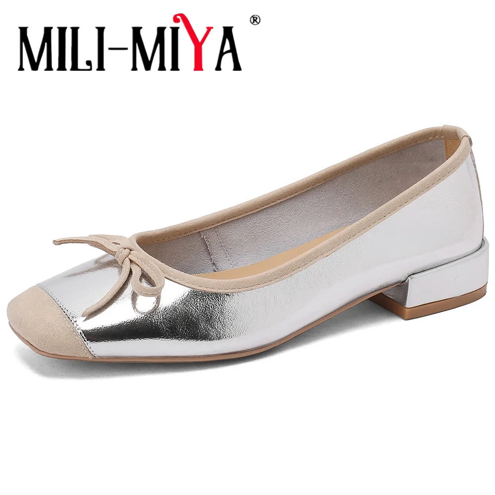 

MILI-MIYA New Arrival Mixed Color Women Cow Leather Pumps Thick Heels Butterfly Knot Round Toe Slip On Big Size 34-40 Casual