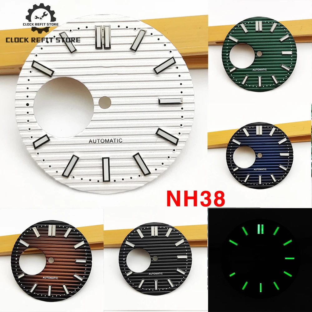 Men\'s  Watch Skeleton Dial for NH38 Movement Diameter 29.8mm Green Hour Markers Luminous Sterile Dial