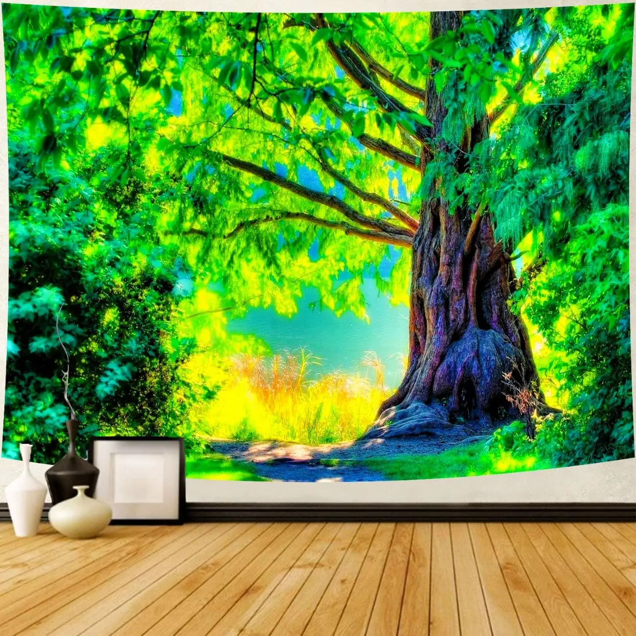 

Forest Tree Tapestry Rainforest Nature Landscape Wall Hanging Scenic Sunshine Tapestry Natural Green Headboard Bedspread For