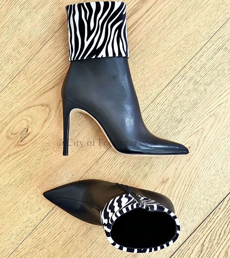 Pointed Toe Leopard /Zebra Print Sexy Ankle Boots Women Black Fur Leather Thin High Heels Big Size Booties Luxury Designer Shoes image 6