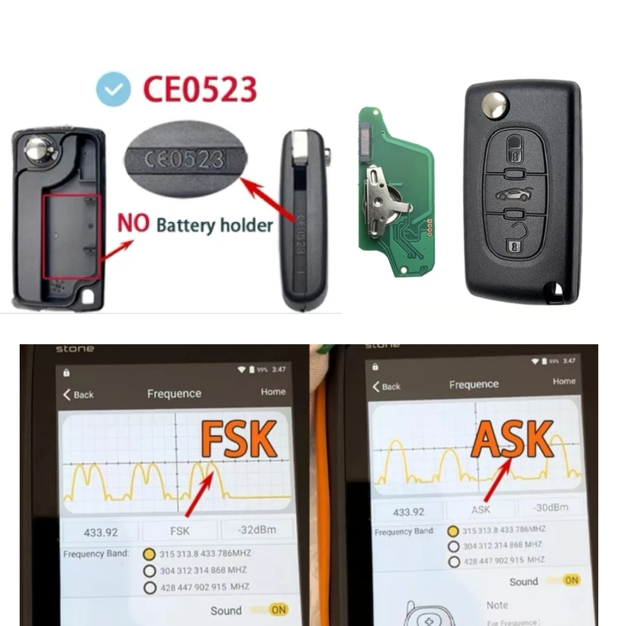 Jingxin 3-Tasten CE0536/CE0523 ASK/FSK 434MHz Fernbedienung Autoschlüssel für Citroen C4 C5 C6 C8 Xsara Picasso für Peugeot 107 207 307 308 – Detail 10