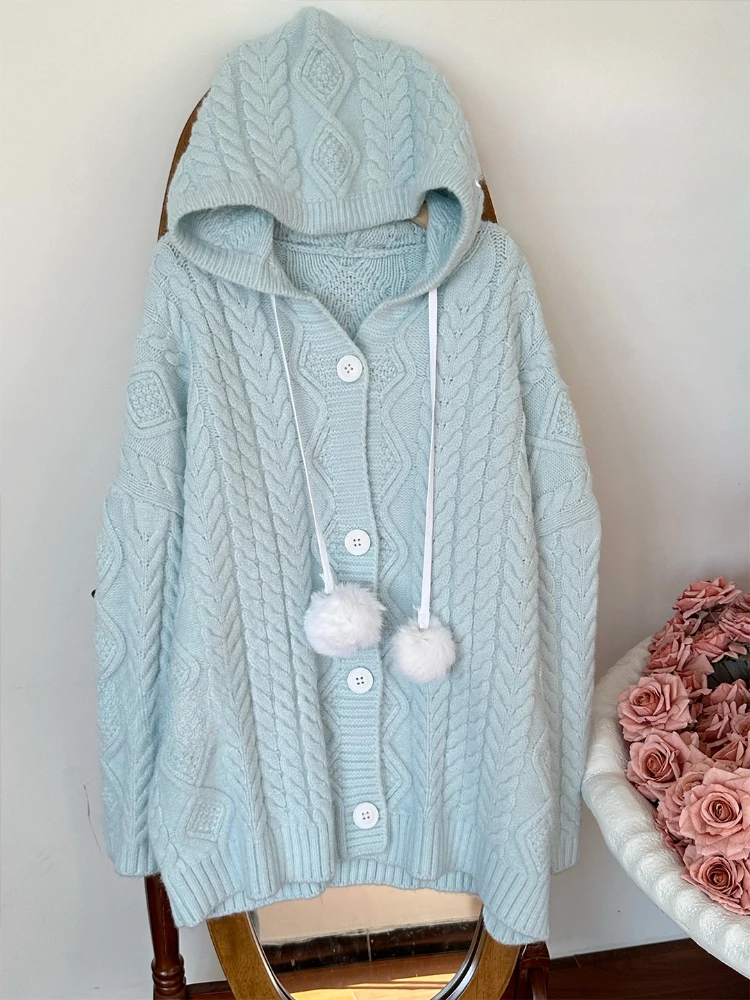 

Women Elegant Sweet Blue Knit Sweater Autumn Winter Casual Loose Thick Knitted Sweater Fashion Warm Ladies Knitwear Tops New