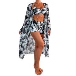 Women Bikini 3 Piece Set Tie-dye Art Printing Sexy High Waisted Ruched Swimsuit + Long Sleeved Smock Beachwear 2024 New 6 Colors