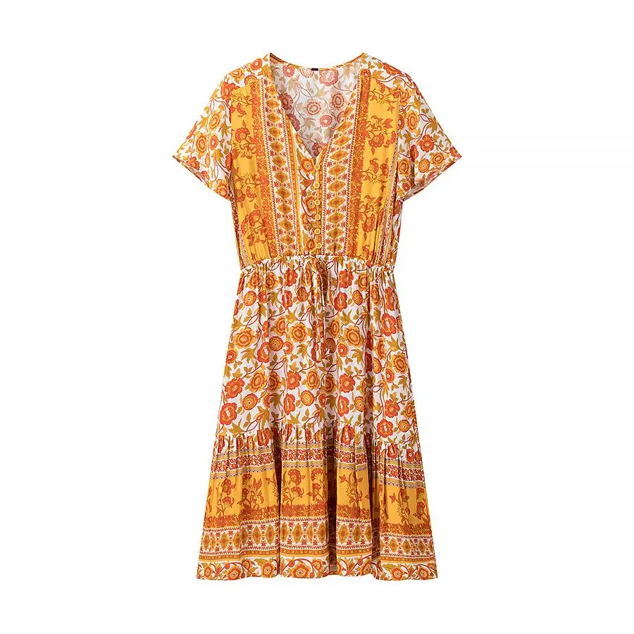 Faionable Long Cotton Dr JNLEAO Women's Autumn New Sle Printed Dr Ethnic Sle ort Sve V-Ne Mid-Waist Dr