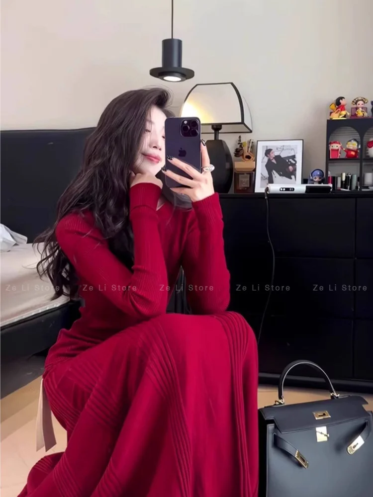 Red Long Sleeve High Waist  Skirt Set Women's Fashion Autumn Pear Shape Fish Tail Bodycon Outfit Gentle Intellectual Style