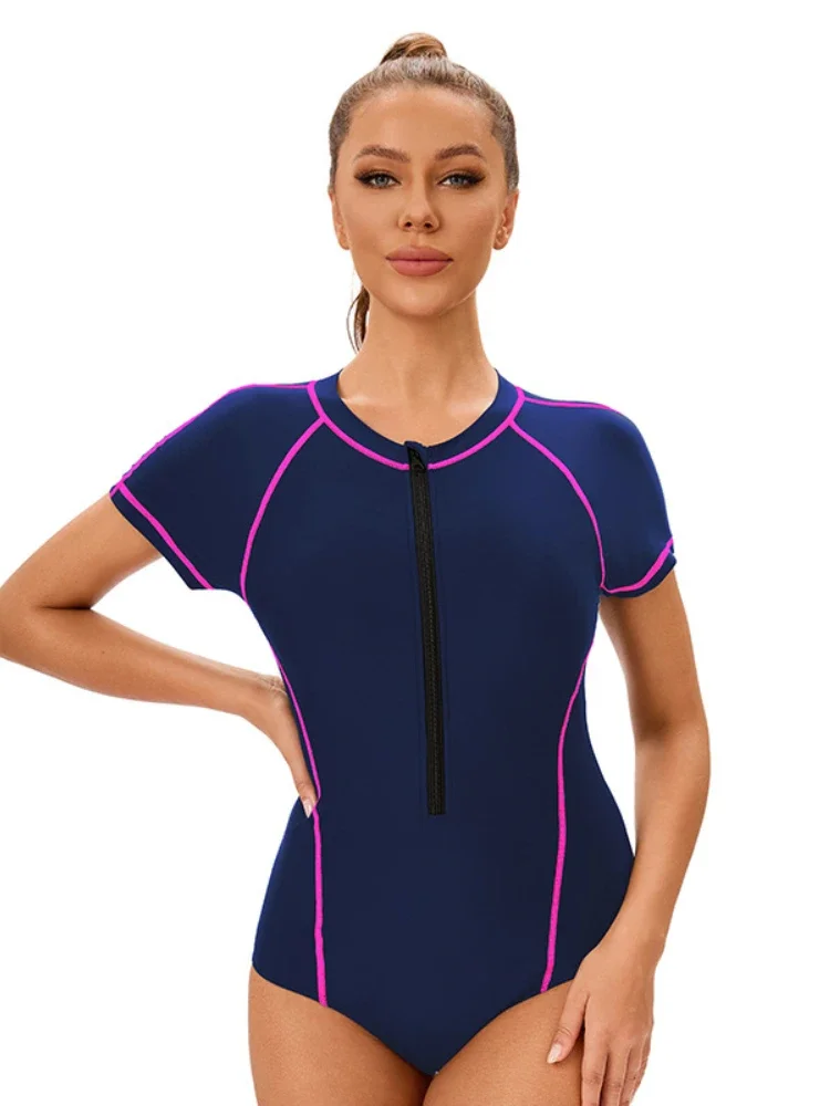 2025 One Piece Sports Swimwear Women's Pure Color Patchwork Bikini Monokini Beach Vacation Short Sleeve Conservative Bodysuit