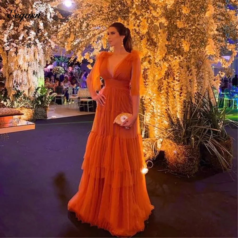 Burnt Orange Evening Dress V Neck Long Party Graduation Gown Half Sleeve Customize Tulle Mesh Dresses for Special Occasions Prom