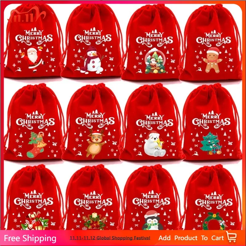

1Pcs Red Christmas Velvet Bags Drawstring Santa Gift Pouch Candy Snack Wrapping Bag Christmas Wedding Party Favors Decoration