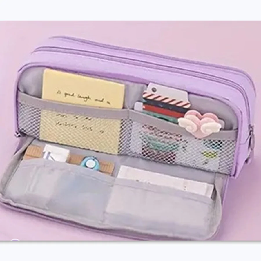 Solid Color Pen Bag Simple Large Capacity Three Layer Partition Storage Portable Student Stationery Bag Pencil Case