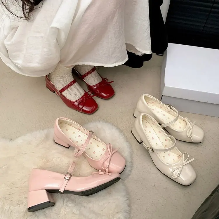 Square Head Flat Mouth Thick Heel Single Shoes Women's New 2026 Spring  Knot Mary Janes Heightening Fashion Versatile