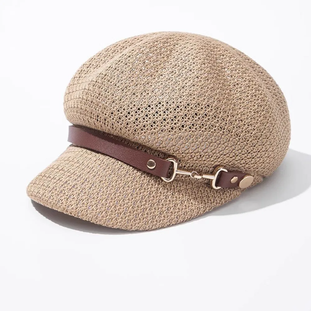 

Casual Hollow Octagonal Beret Hat Leather Buckle Breathable Beach Straw Hat Spring Summer Painter Hat Sunshade Cap