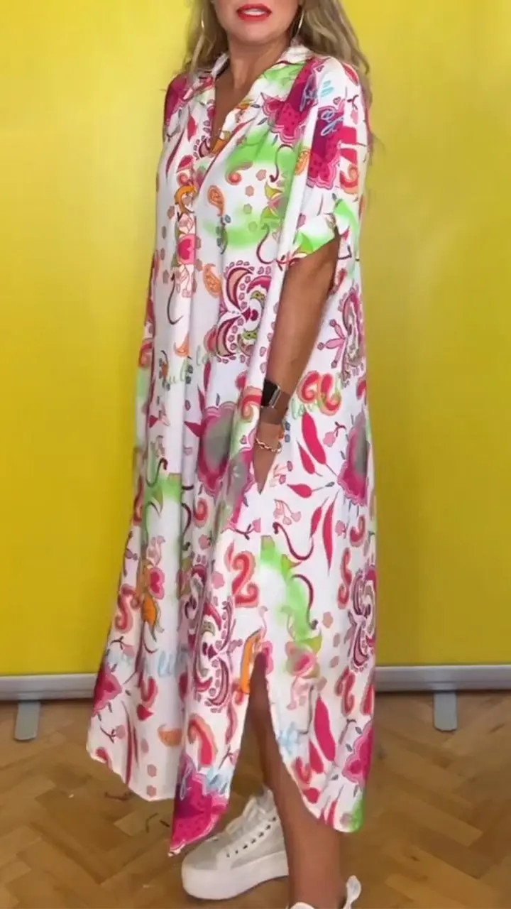 Abiti lunghi con stampa floreale Boho per le donne 2024 estate Casual manica corta con risvolto collo camicia abito moda vacanza abbigliamento donna