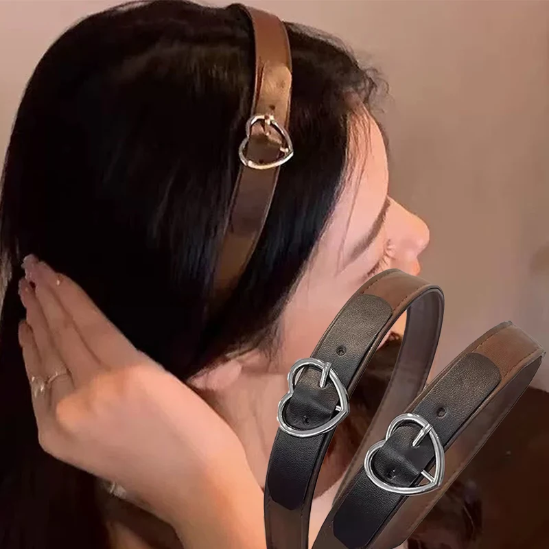 

Повязка на голову в стиле Харадзюку с пряжкой в форме сердца, Y2K, для девочек, из искусственной кожи, широкая, эластичная, для макияжа, в стиле панк, для женщин