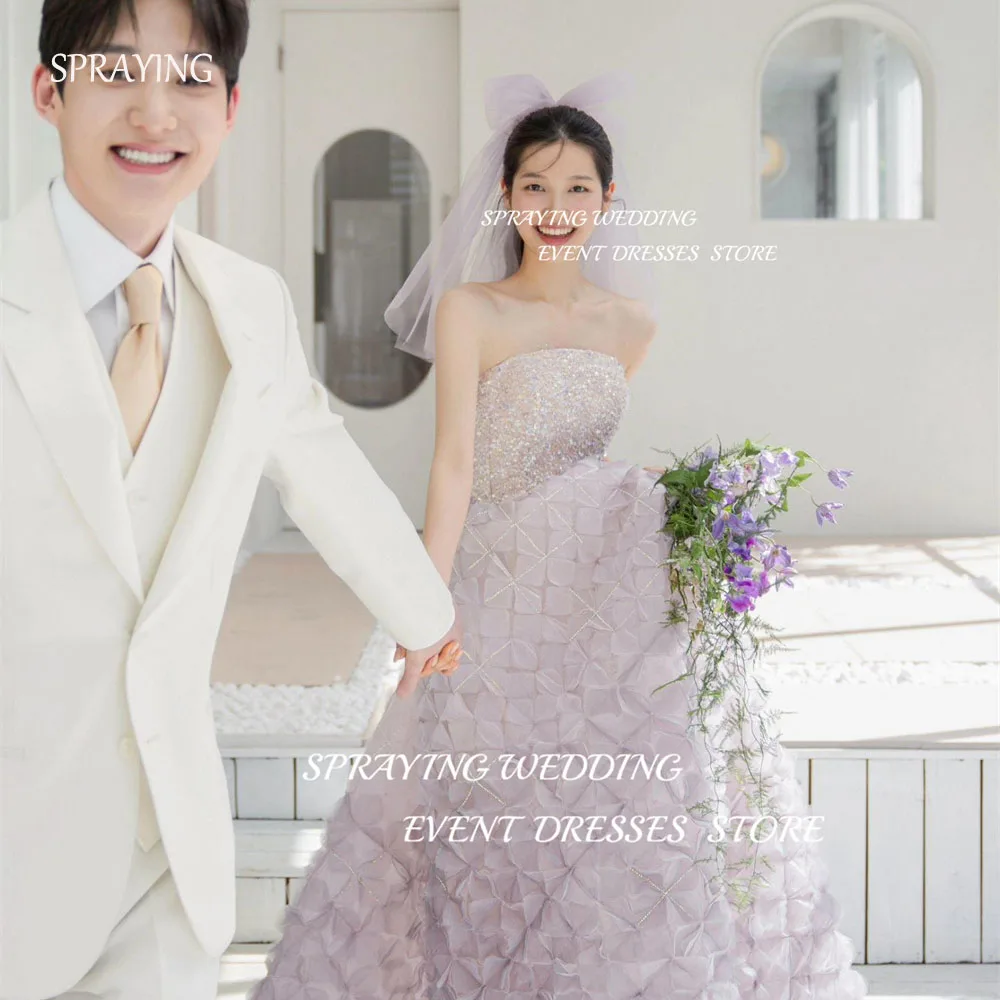 

SPRAYING Wedding Photography Lavender Sparkly Strapless Long Bridal Gown Wrinkle A-line Floor-Length Wedding Dress Prom Dress