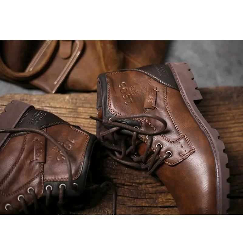 Leather Men Ankle Boots Plus Size High Top Shoes Outdoor Work Casual Shoes Motorcycle Military Combat Boots Fashion Autumn Brown