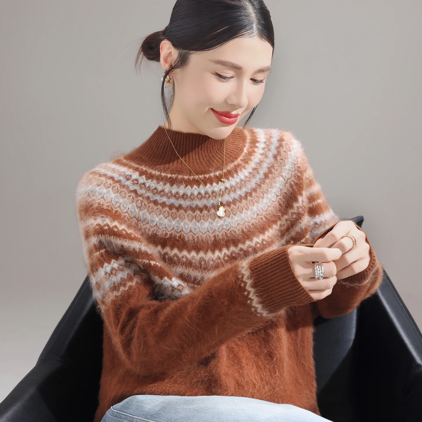 

Pulling Series~Heavy Industry Fel Island Jacquard Woolen Sweater Women's Round Neck Soft Sticky Knitted Long Sleeve Sweater