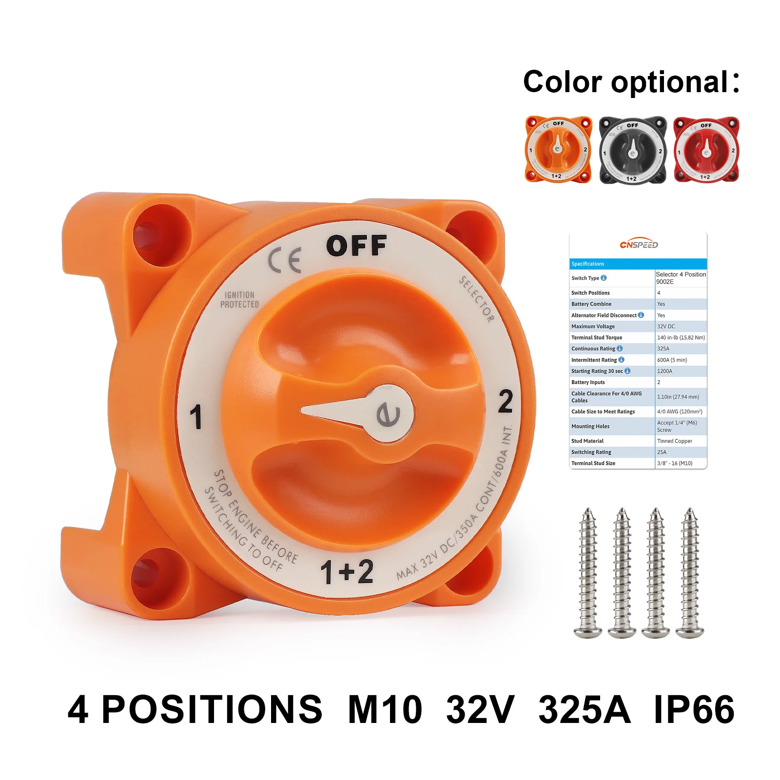 

325A 32V DC for Marine Boat Car Truck RV 4 Position Rotary 9002E e-Series Battery Switch with AFD Battery Isolator Switch IP66